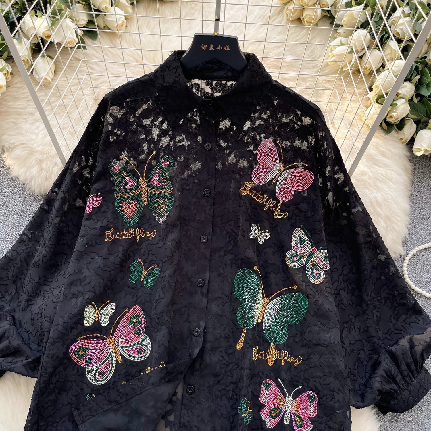 Cyflymder  Ele Vintage Bubble Sve irt Women's Loose Embroidered Me Top Spring Faionable Commute Sle Korean Version