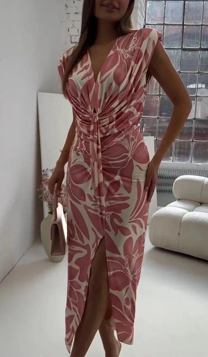 Cyflymder  Summer Dress V Neck Sleeveless A Line Midi Length Twist Knot Front Side Slit Blue White Abstract Leaf Print Casual Dress
