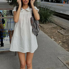 Cyflymder  Women Y2k Fairy Babydoll Short Dress Doll Collar Bubble Puff Sleeve Cute Mini Dress Teen Girl Preppy Sundress Beachwear
