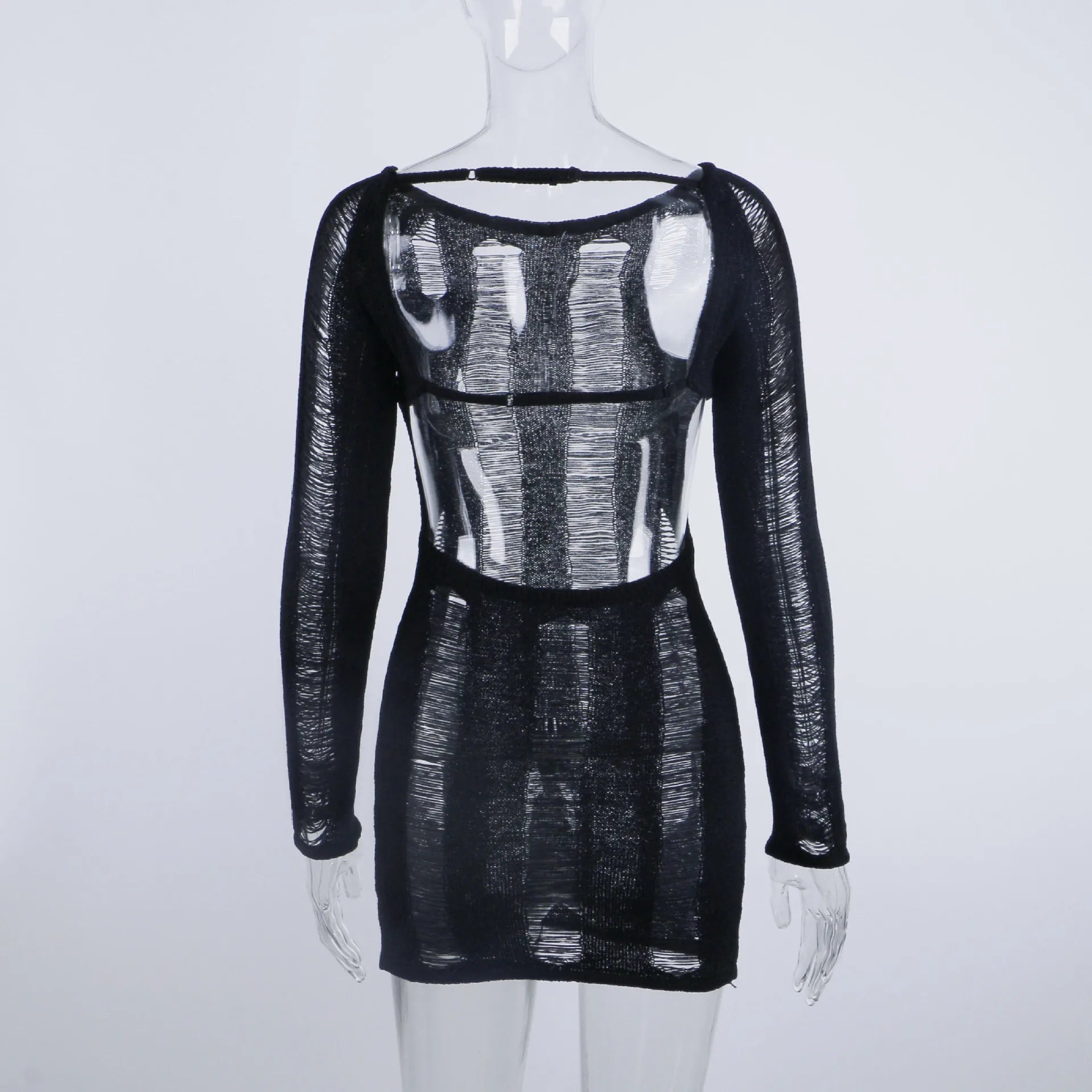 Cyflymder  Sexy Women Backless Knitted Mini Dress Crochet Knit Hollow Out Sundress Long Sleeve Drawstring Tie Up Dress Beach Clubwear Dress