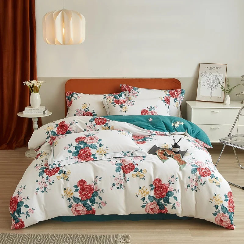 Cyflymder  100% Cotton Flowers Print Luxury Bedding Set Single Double Queen King Size Duvet Cover Flat/Fitted Bed Sheet Pillowcases 3/4Pcs