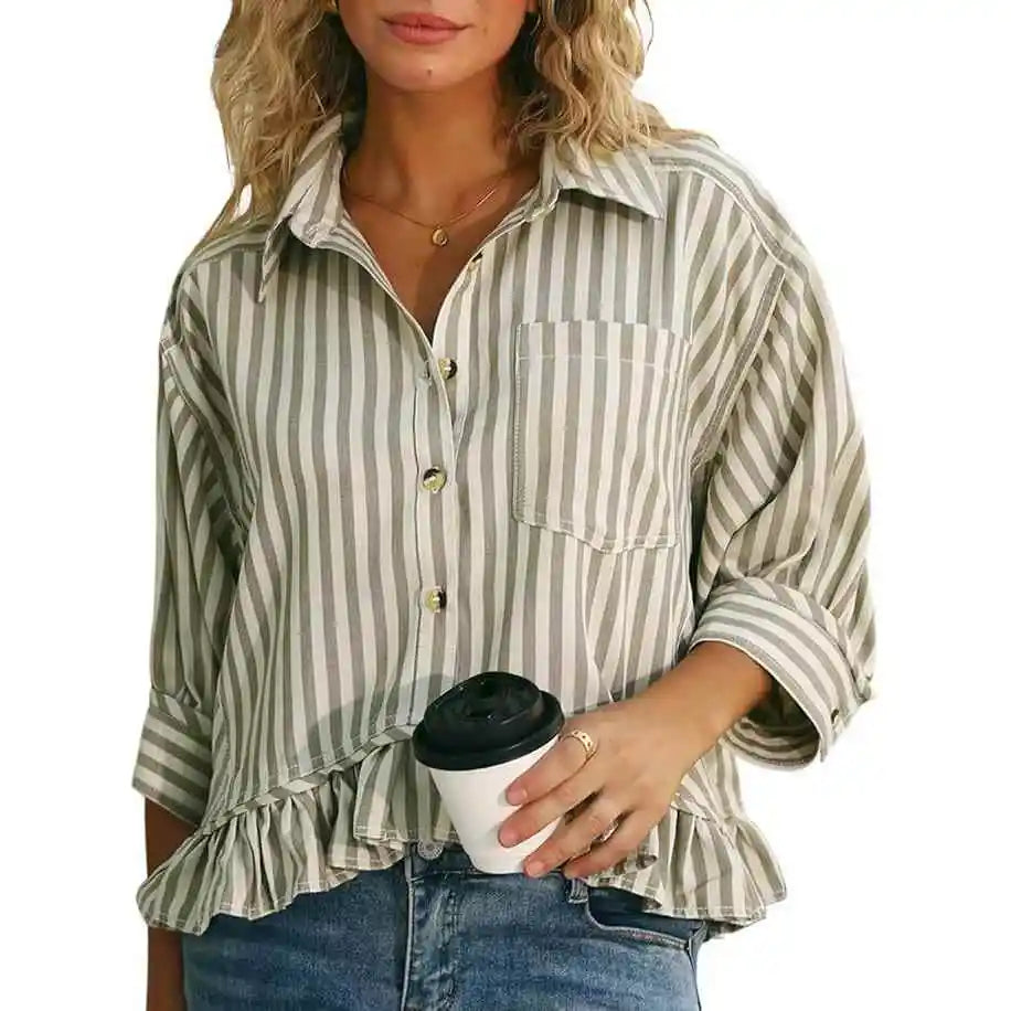 Cyflymder  Casual Stripe irt Women's Summer Top Button down ort Sve Gathered Hem Bubble Sve Polyester Fiber Commute Sleeve