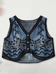 Cyflymder  Women s Floral Embroidered Sleeveless Denim Vest with V Neckline and Button Closure - Stylish Summer Tank Top Jean Jacket