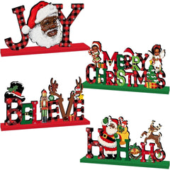 Lanfubeisi Black Santa Christmas Wood Centerpiece Signs, 4 Pcs Rustic Plaid Holiday Table Decor