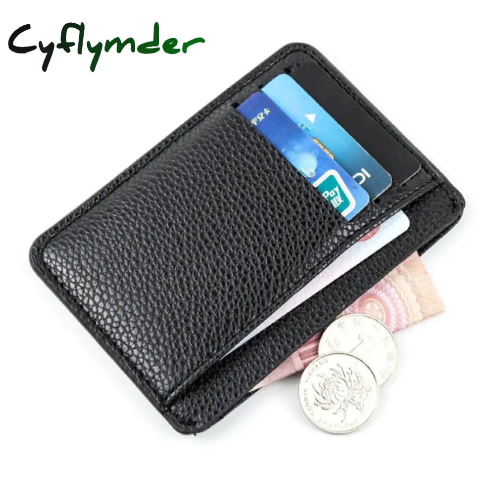 Black Simple Solid Color Men Card Holder Pu Leather 6 Cards Slot Ultra-Thin Lichee Pattern Wallet &