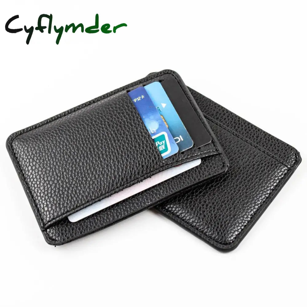 Black Simple Solid Color Men Card Holder Pu Leather 6 Cards Slot Ultra-Thin Lichee Pattern Wallet &