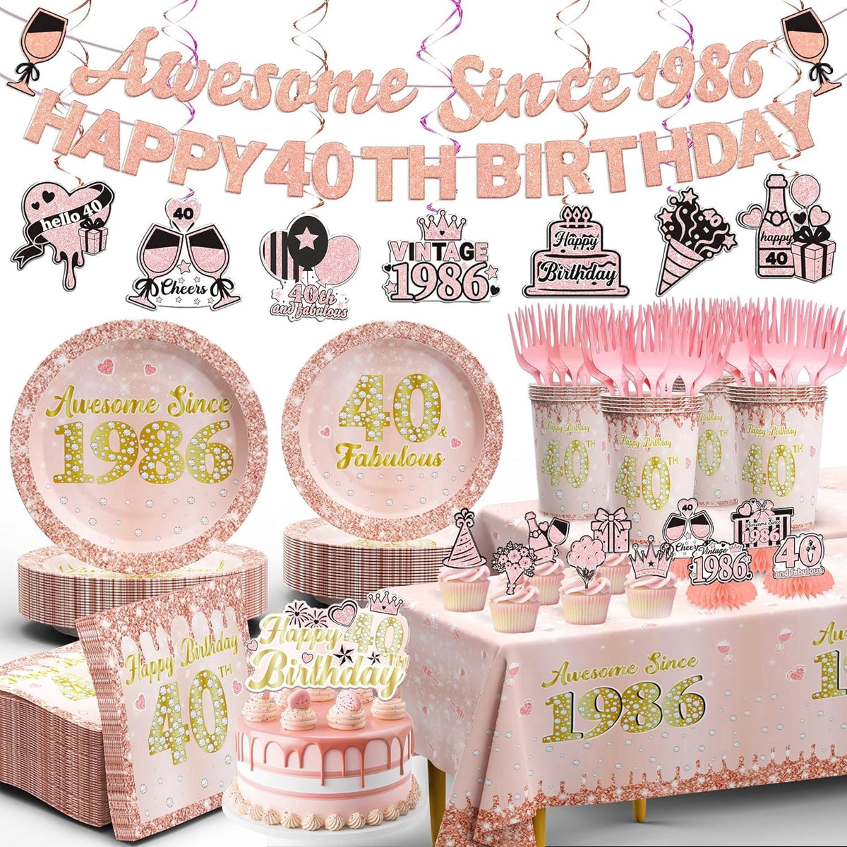 Lanfubeisi 40th Birthday Decorations for Women, 127Pcs Complete Party Supplies Set - Includes Banner Tablecloth Plates Cups Forks Napkins Cupcake Toppers Cake Toppers, Serves 20