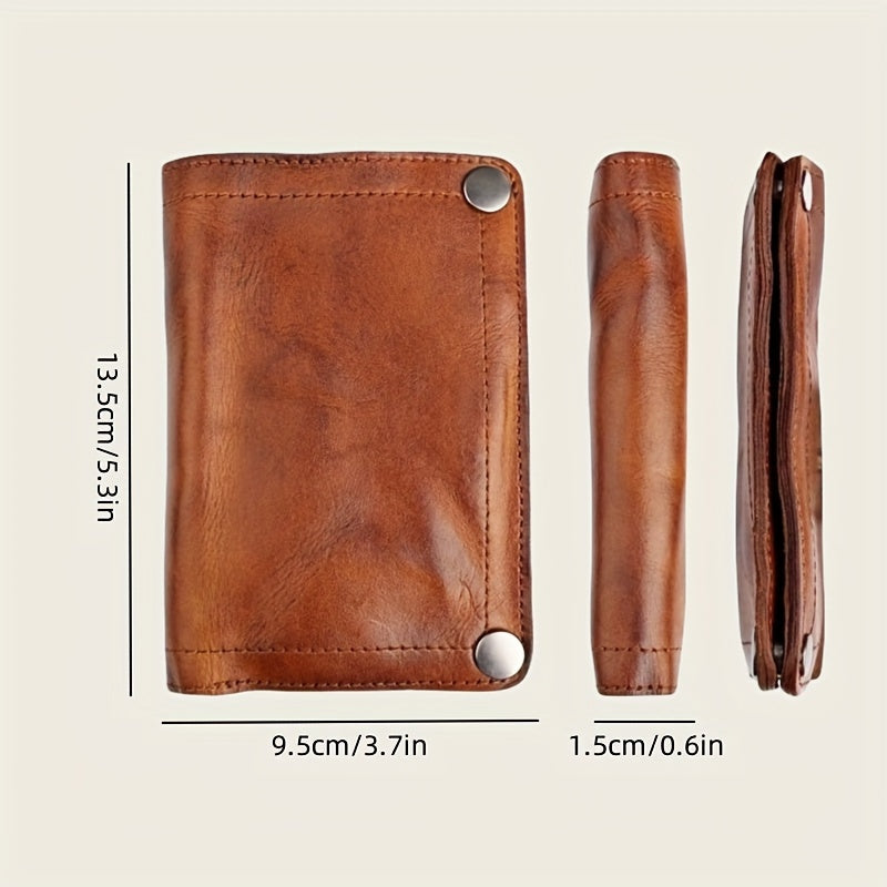 Cyflymder  Vintage Top-Grain Leather Wallet for Men, Handcrafted, Large Capacity with Multiple Card Slots and Zipper Coin Pocket