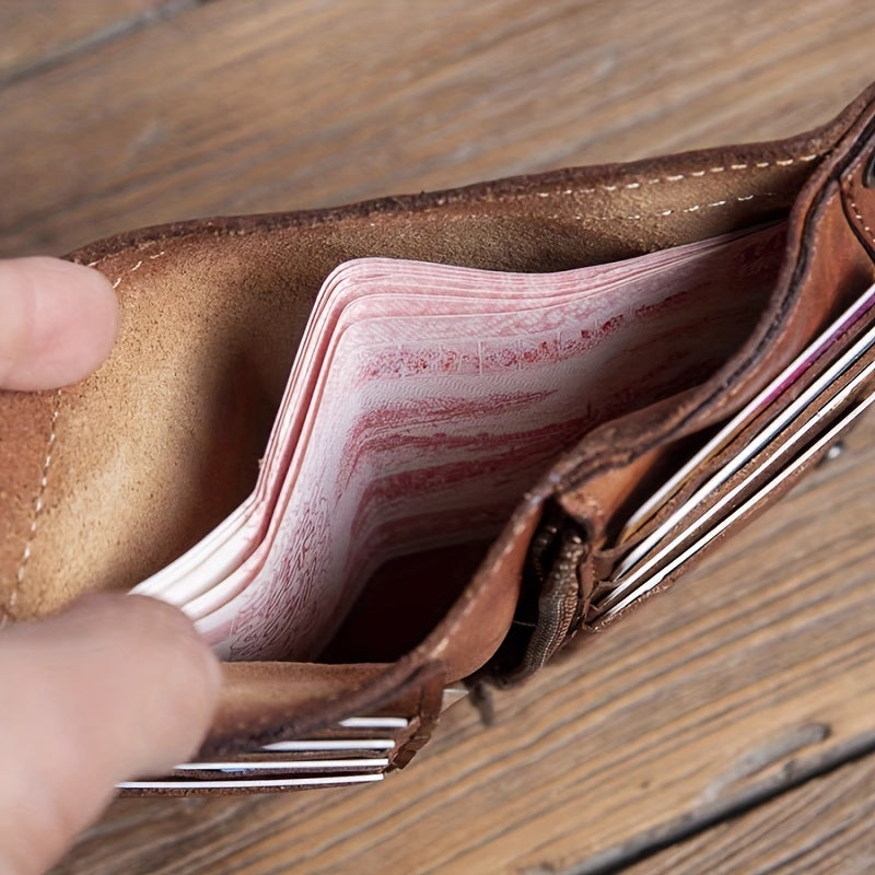 Cyflymder  Vintage Top-Grain Leather Wallet for Men, Handcrafted, Large Capacity with Multiple Card Slots and Zipper Coin Pocket