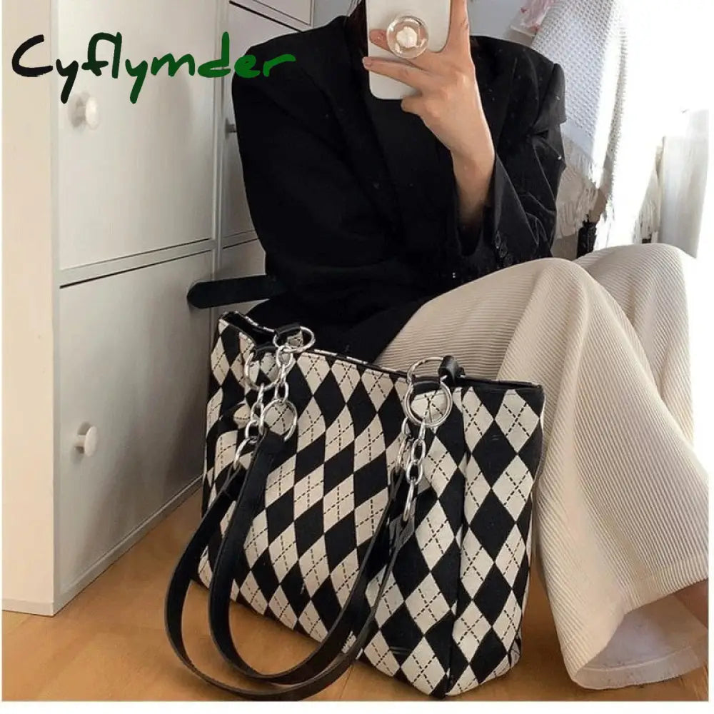 Canvas Bag Diamond Lattice Print Trendyol Shopper Large Tote New Korea Casual All-Match Chain