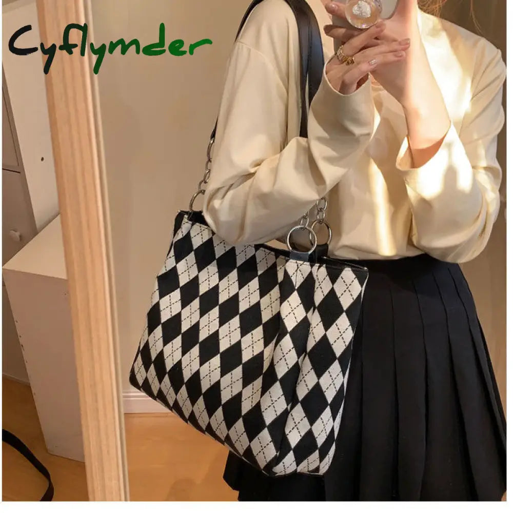 Canvas Bag Diamond Lattice Print Trendyol Shopper Large Tote New Korea Casual All-Match Chain