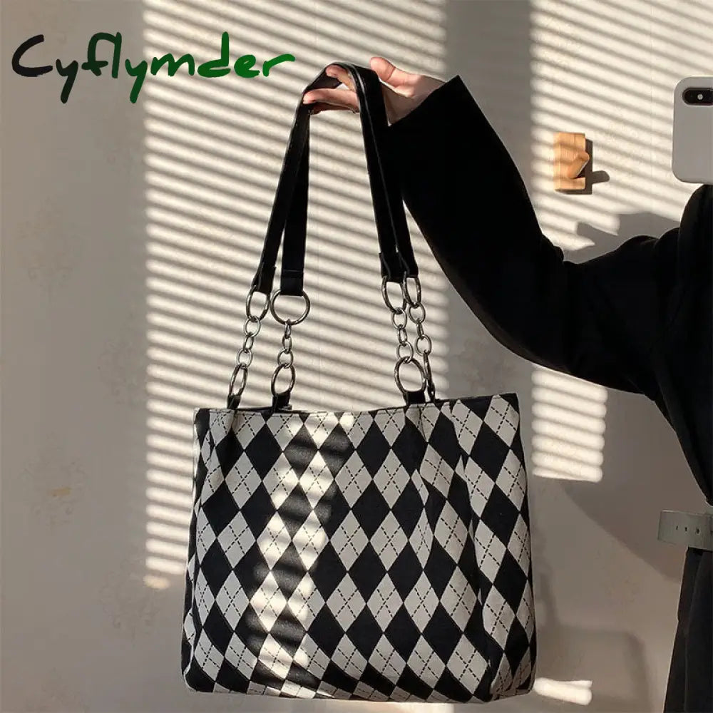 Canvas Bag Diamond Lattice Print Trendyol Shopper Large Tote New Korea Casual All-Match Chain