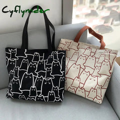 Canvas Bags Handbag For Women Shopper Cute Cat Tote Bag With Zipper Designer Japanese Style Cartoon