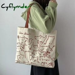 Canvas Bags Handbag For Women Shopper Cute Cat Tote Bag With Zipper Designer Japanese Style Cartoon