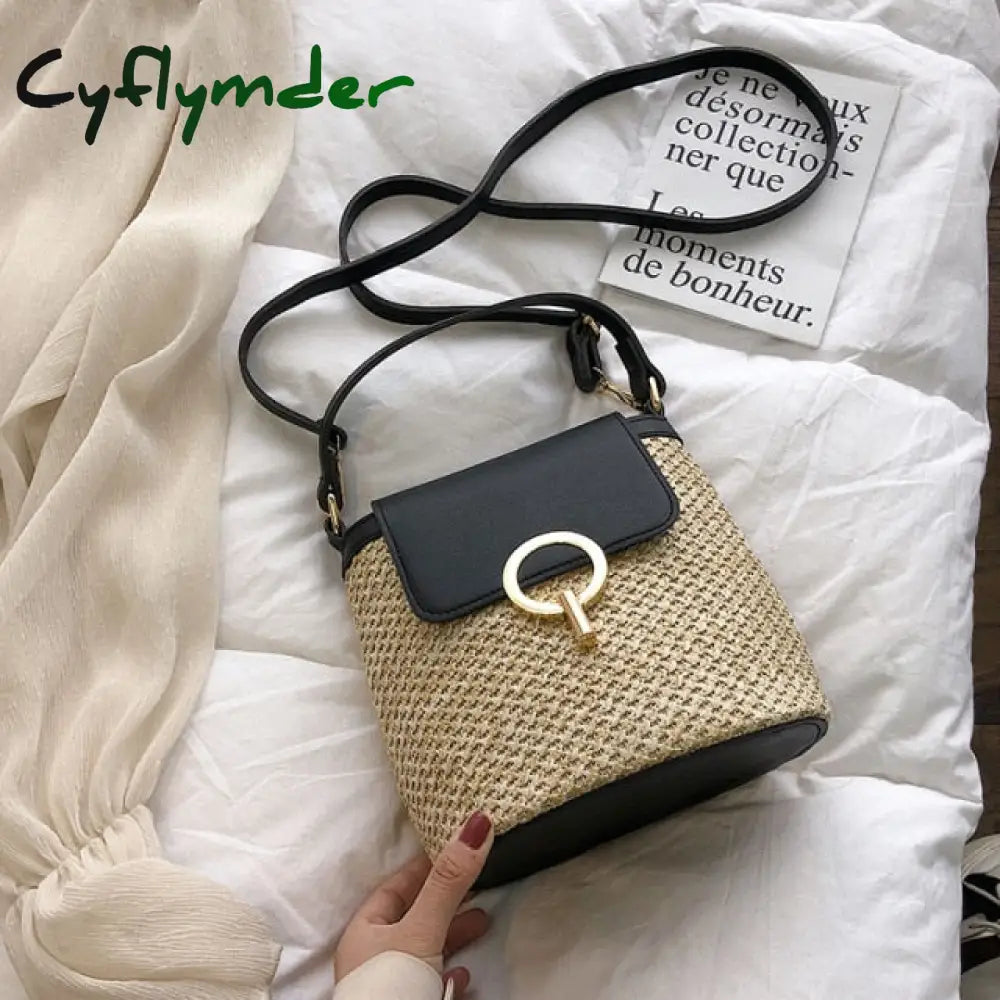Casual Chains Straw Bucket Bags Women Summer Messenger Bag Rattan Beach Lady Travel Purses And