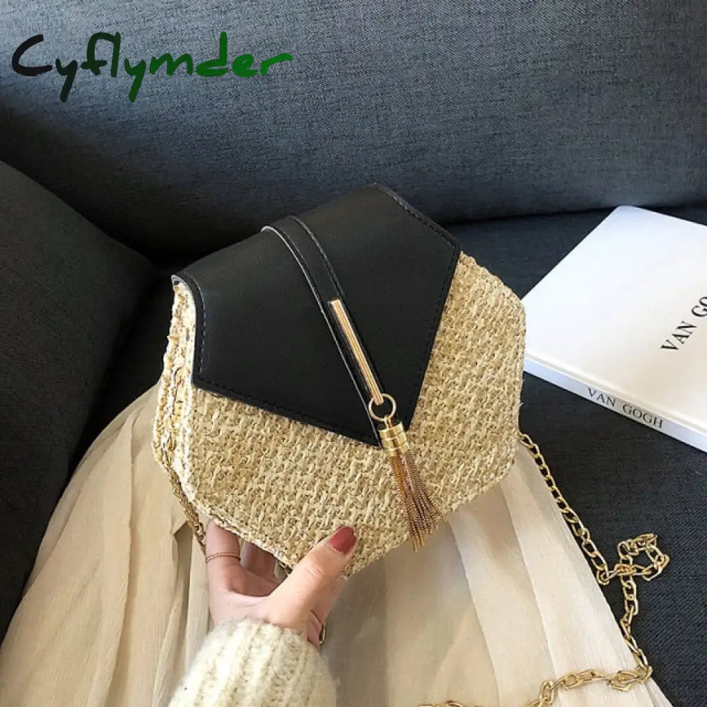 Casual Chains Straw Bucket Bags Women Summer Messenger Bag Rattan Beach Lady Travel Purses And
