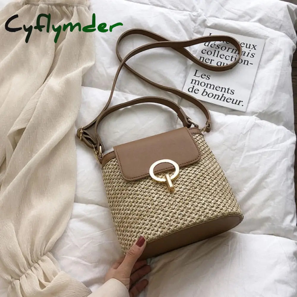 Casual Chains Straw Bucket Bags Women Summer Messenger Bag Rattan Beach Lady Travel Purses And