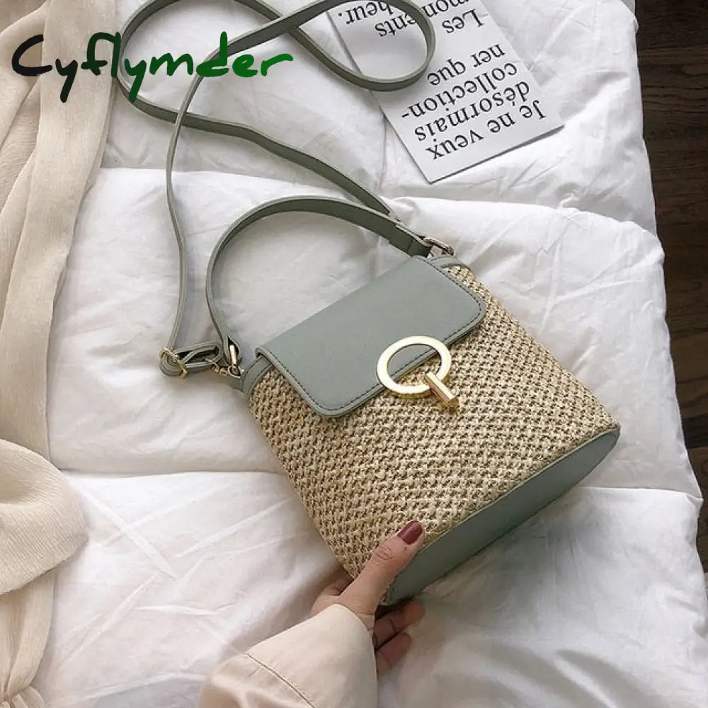 Casual Chains Straw Bucket Bags Women Summer Messenger Bag Rattan Beach Lady Travel Purses And