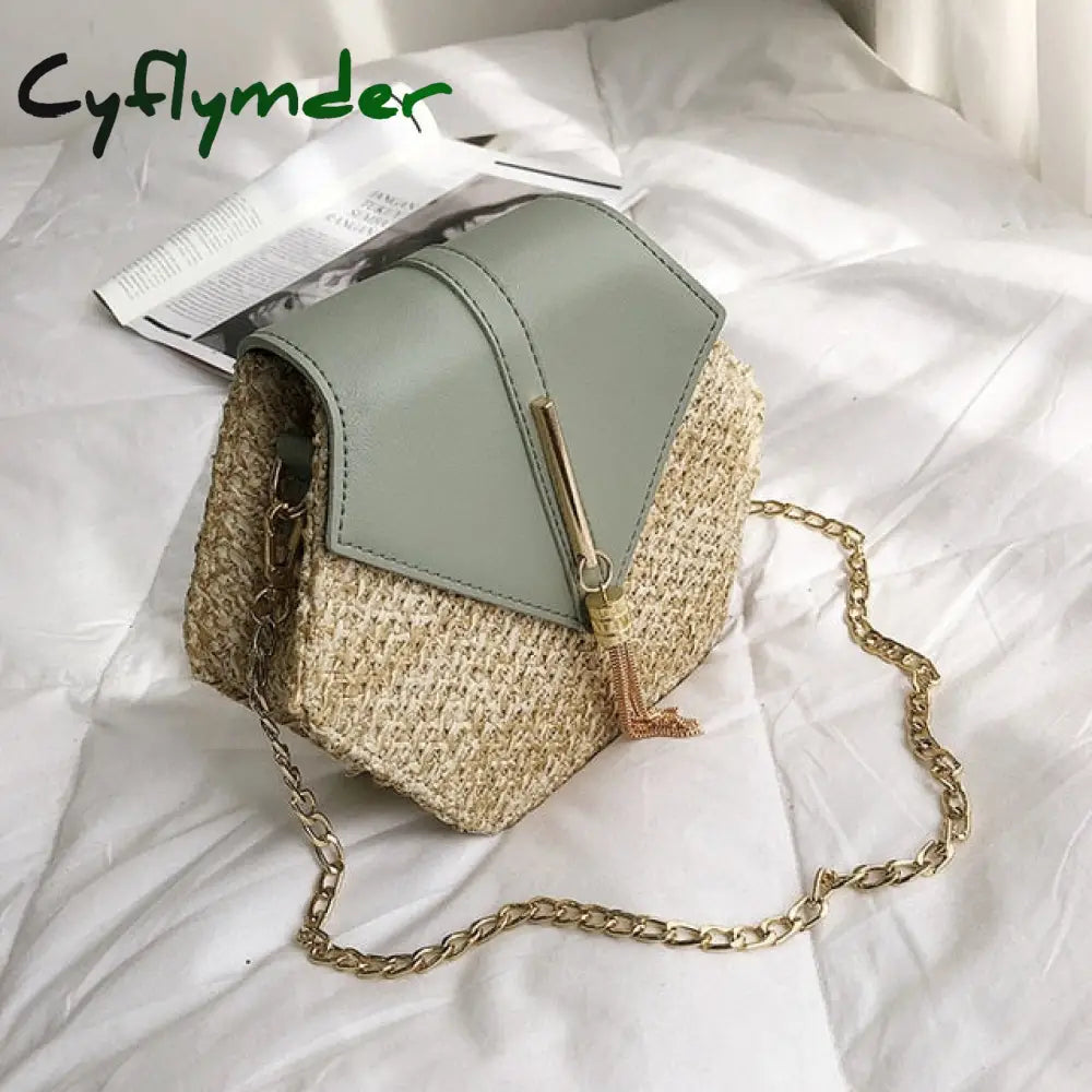 Casual Chains Straw Bucket Bags Women Summer Messenger Bag Rattan Beach Lady Travel Purses And