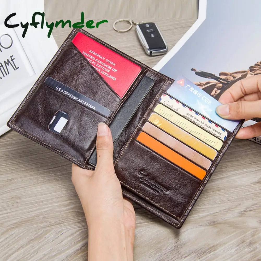 Casual Genuine Leather Male Wallet Photo Holder Passport Card For Travel Purse With Zipper Pocket