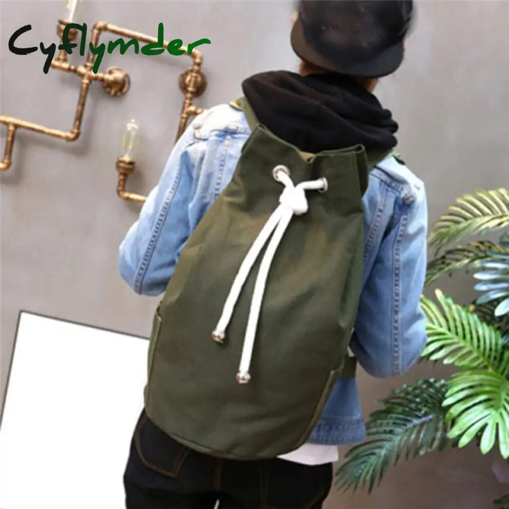 Casual Men Canvas Large Capacity Barrel Backpack Simple Travel Rucksack Army Green Back Pack