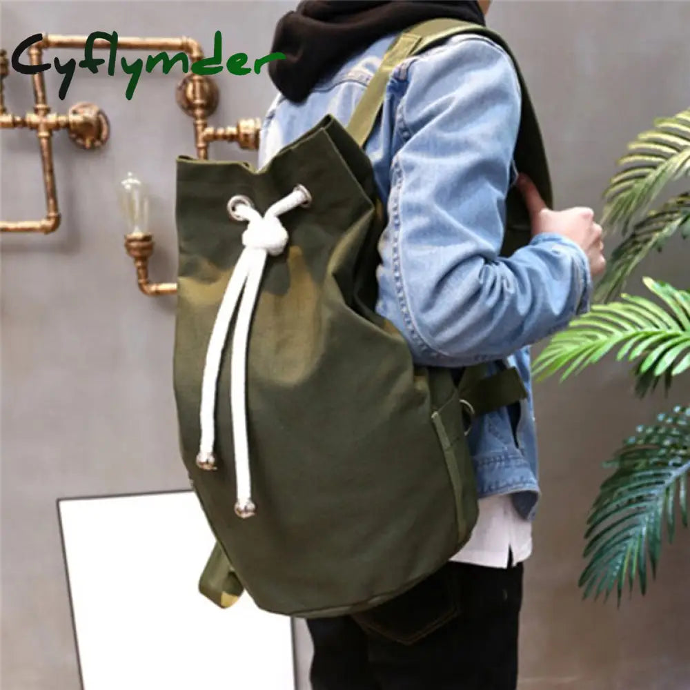 Casual Men Canvas Large Capacity Barrel Backpack Simple Travel Rucksack Army Green Back Pack