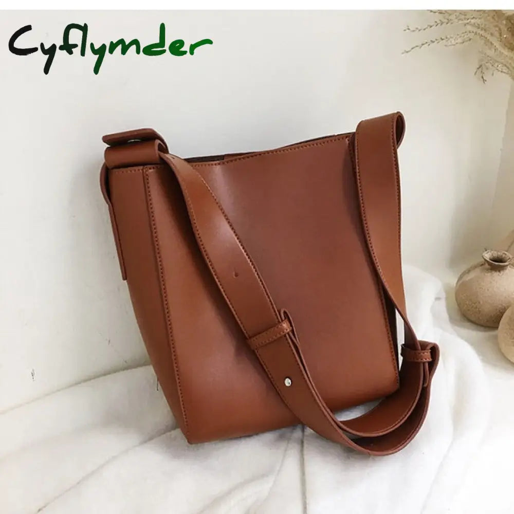 Casual Wide Strap Bucket Bag Designer Women Shoulder Bags Luxury Pu Crossbody Large Capacity