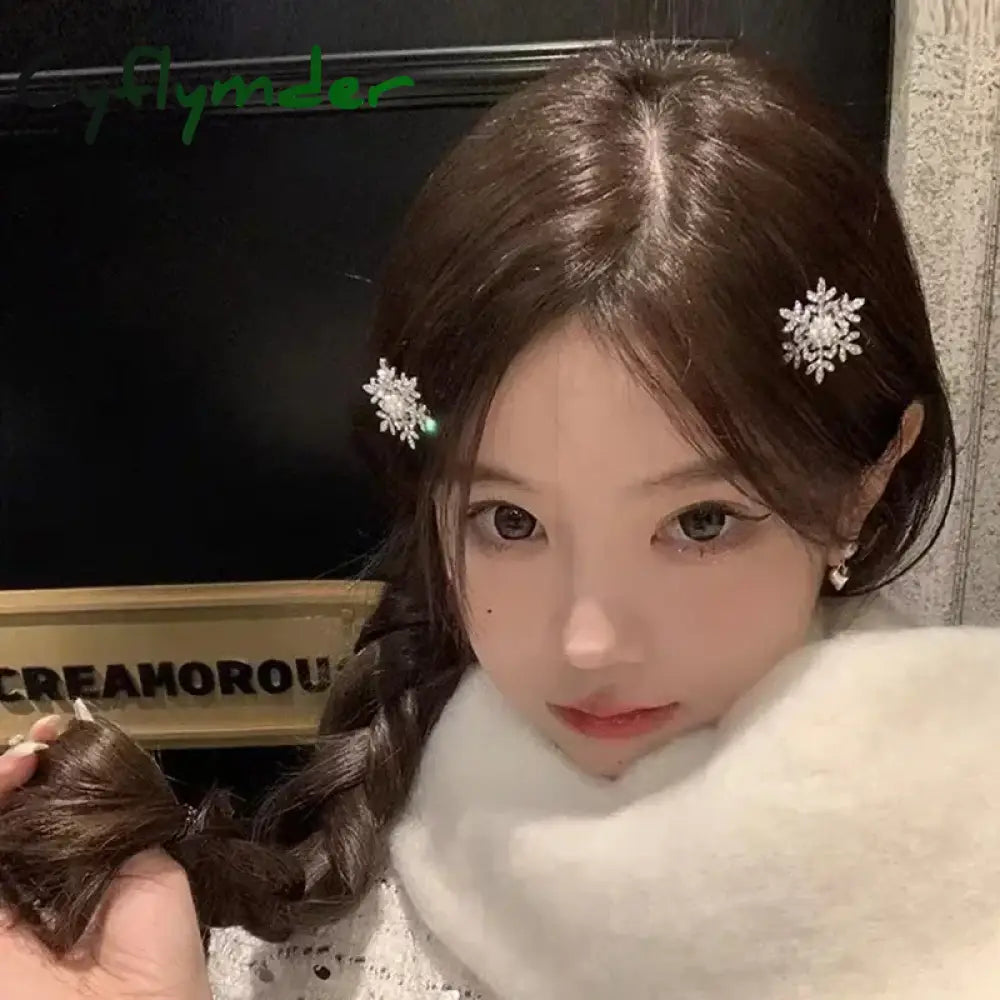 Cyflymder 1/5pcs Winter Rhinestone Snowflake Side Clip Hair Pins Christmas New Year Sweet Cute Pearl Barrettes Female