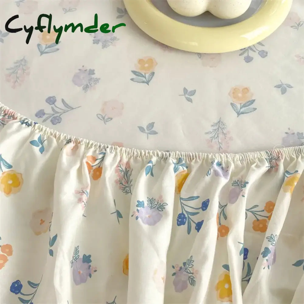 Cyflymder 1 pc 100% Cotton Fitted Sheet Floral Flower Printed Bed Cover with Elastaic Queen/King Size Bed Fitted Sheet