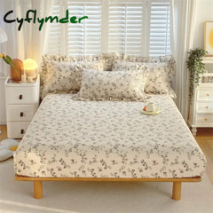 Cyflymder 1 pc 100% Cotton Fitted Sheet Floral Flower Printed Bed Cover with Elastaic Queen/King Size Bed Fitted Sheet