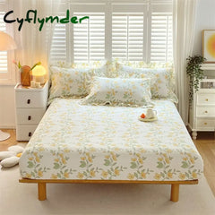 Cyflymder 1 pc 100% Cotton Fitted Sheet Floral Flower Printed Bed Cover with Elastaic Queen/King Size Bed Fitted Sheet