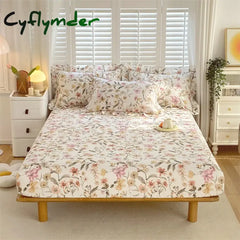 Cyflymder 1 pc 100% Cotton Fitted Sheet Floral Flower Printed Bed Cover with Elastaic Queen/King Size Bed Fitted Sheet