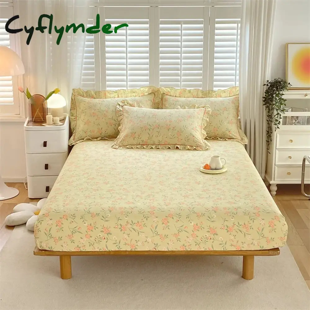 Cyflymder 1 pc 100% Cotton Fitted Sheet Floral Flower Printed Bed Cover with Elastaic Queen/King Size Bed Fitted Sheet