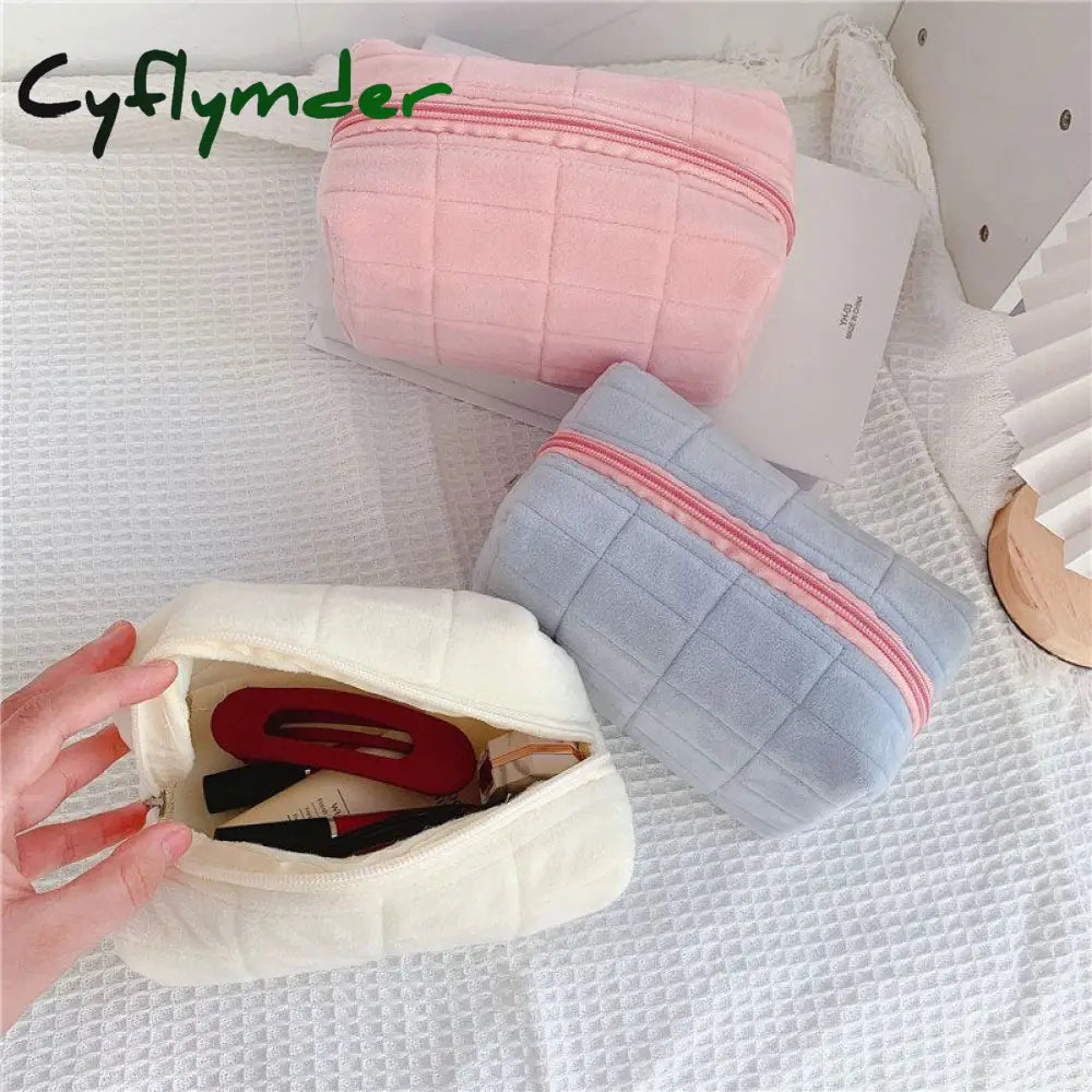 Cyflymder 1 Pc Cute Fur Makeup Bag For Women Zipper Large Solid Color Cosmetic Travel Make Up