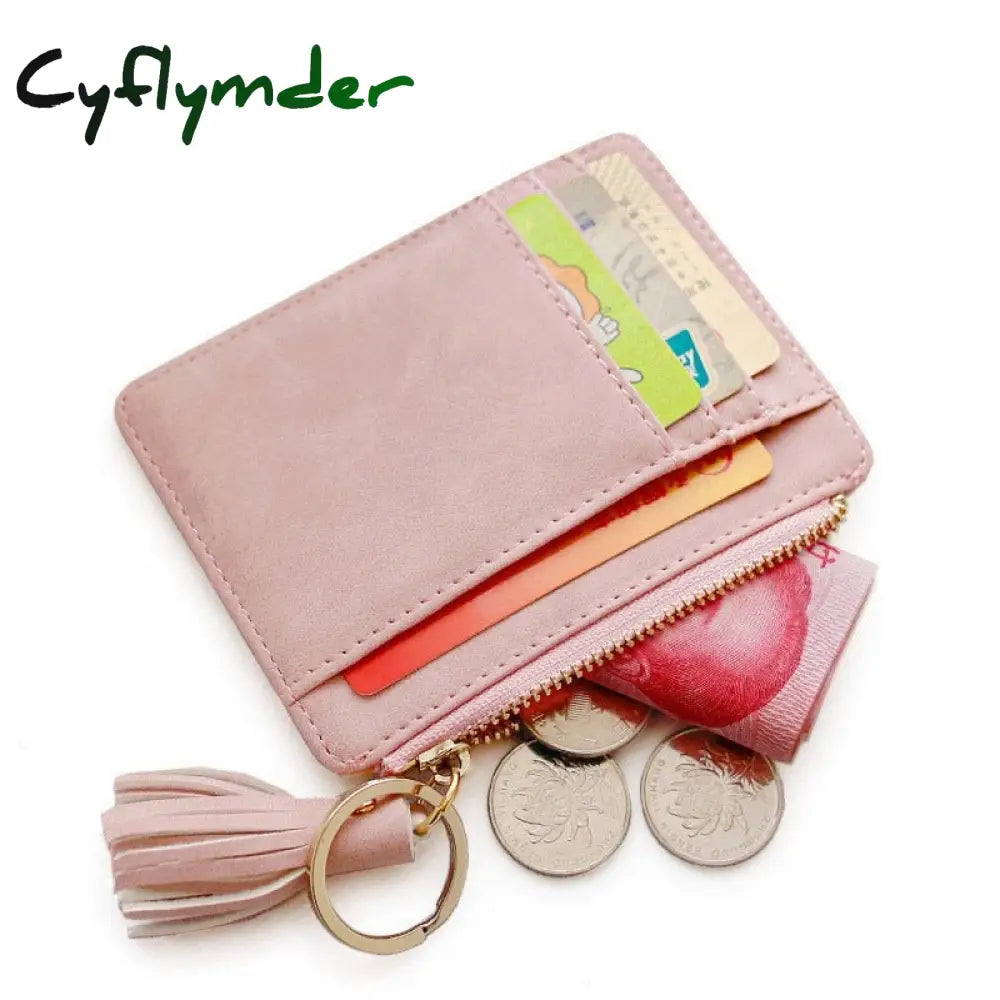 Cyflymder 1 Pc Mini Tassel Card Holder Matt Leather Women Business Case Zipper Id Coin Purse