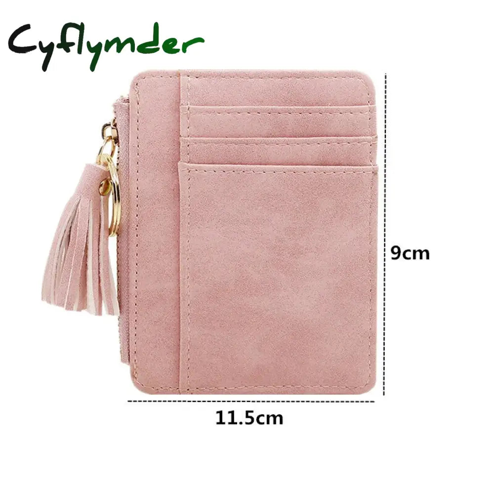 Cyflymder 1 Pc Mini Tassel Card Holder Matt Leather Women Business Case Zipper Id Coin Purse