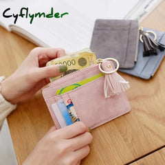 Cyflymder 1 Pc Mini Tassel Card Holder Matt Leather Women Business Case Zipper Id Coin Purse