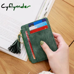 Cyflymder 1 Pc Mini Tassel Card Holder Matt Leather Women Business Case Zipper Id Coin Purse