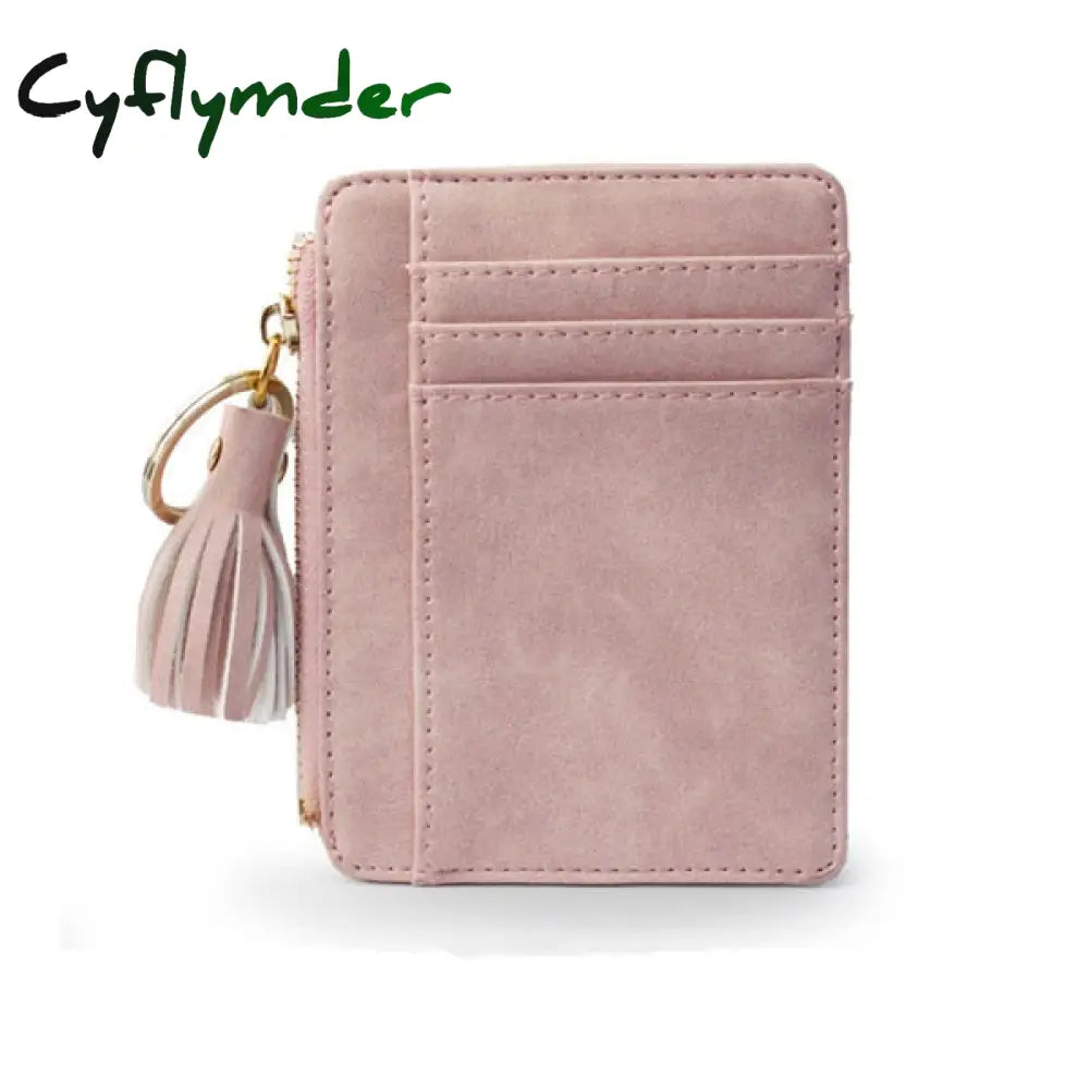 Cyflymder 1 Pc Mini Tassel Card Holder Matt Leather Women Business Case Zipper Id Coin Purse