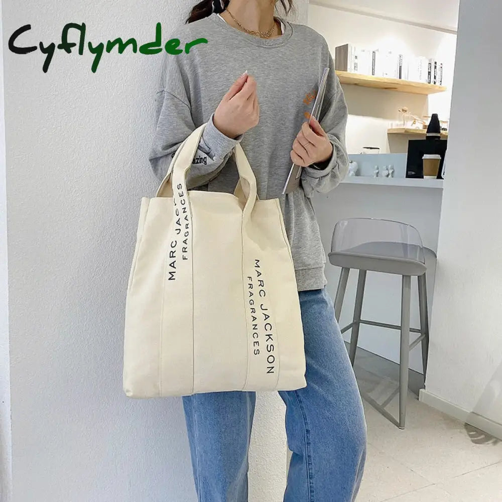 Cyflymder 1 Pc Minimalist Letter Black And White Canvas Bag Fashion Large Shopping Fabric Reusable