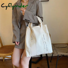 Cyflymder 1 Pc Minimalist Letter Black And White Canvas Bag Fashion Large Shopping Fabric Reusable