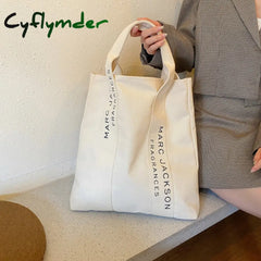 Cyflymder 1 Pc Minimalist Letter Black And White Canvas Bag Fashion Large Shopping Fabric Reusable