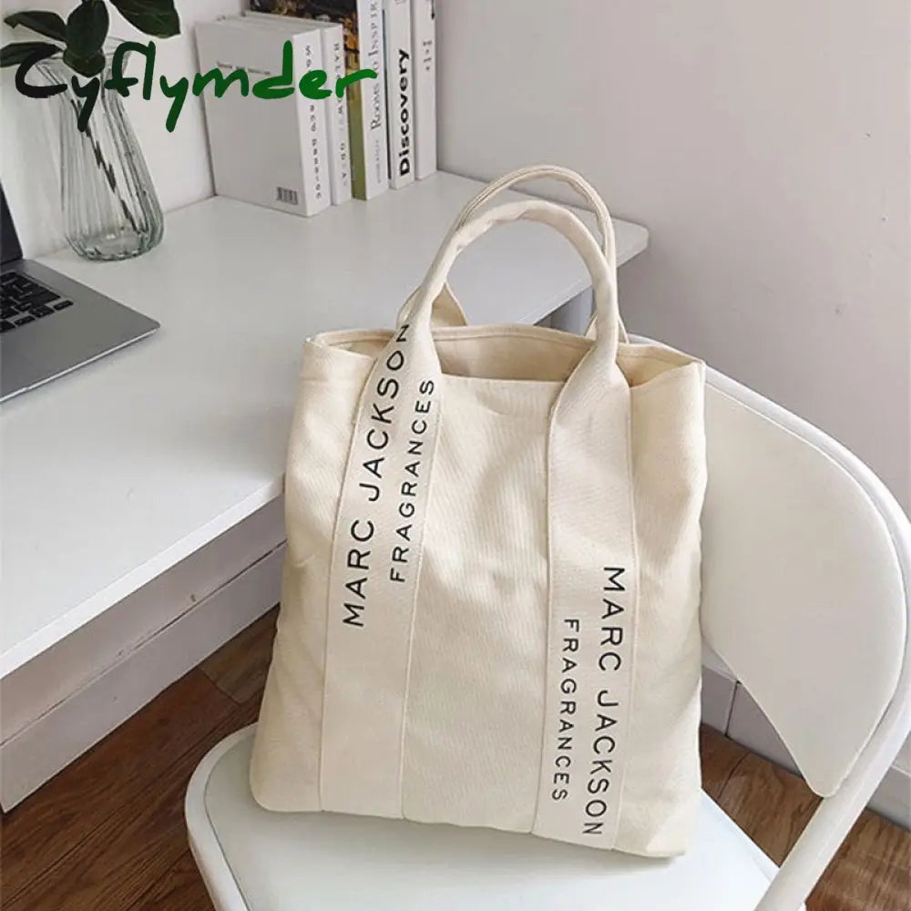 Cyflymder 1 Pc Minimalist Letter Black And White Canvas Bag Fashion Large Shopping Fabric Reusable