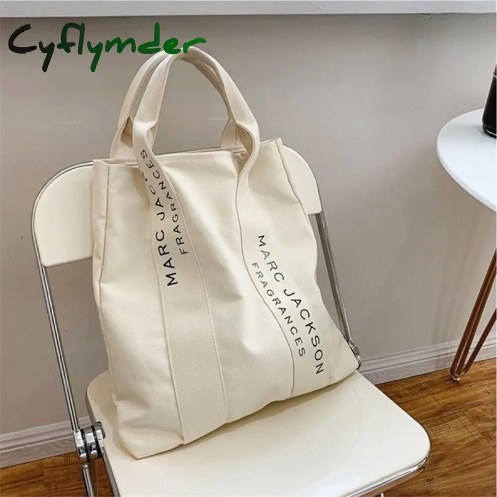 Cyflymder 1 Pc Minimalist Letter Black And White Canvas Bag Fashion Large Shopping Fabric Reusable