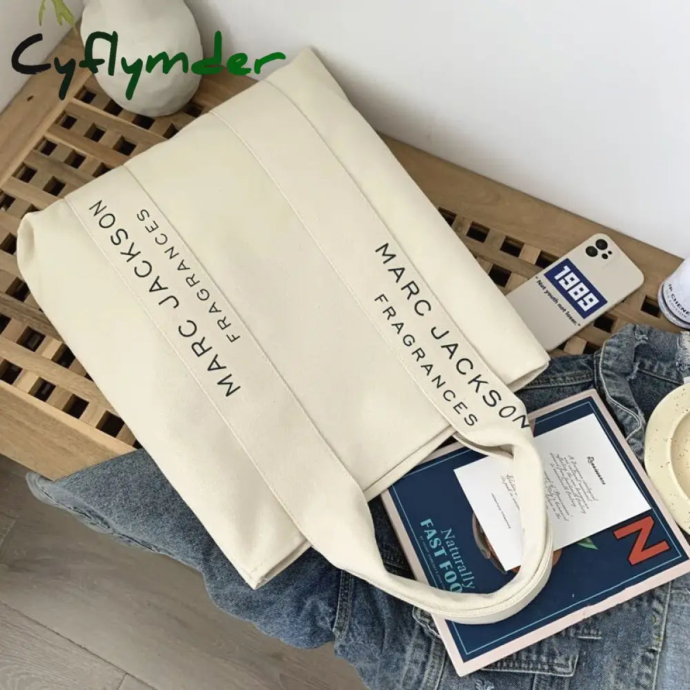 Cyflymder 1 Pc Minimalist Letter Black And White Canvas Bag Fashion Large Shopping Fabric Reusable