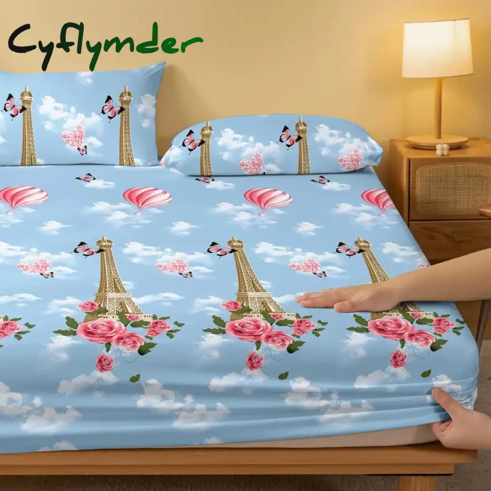 Cyflymder 1 Simple Modern Plant Flower Printed Matte Fitted Sheet Bedroom Printed Bed Cover Bedding (Excluding