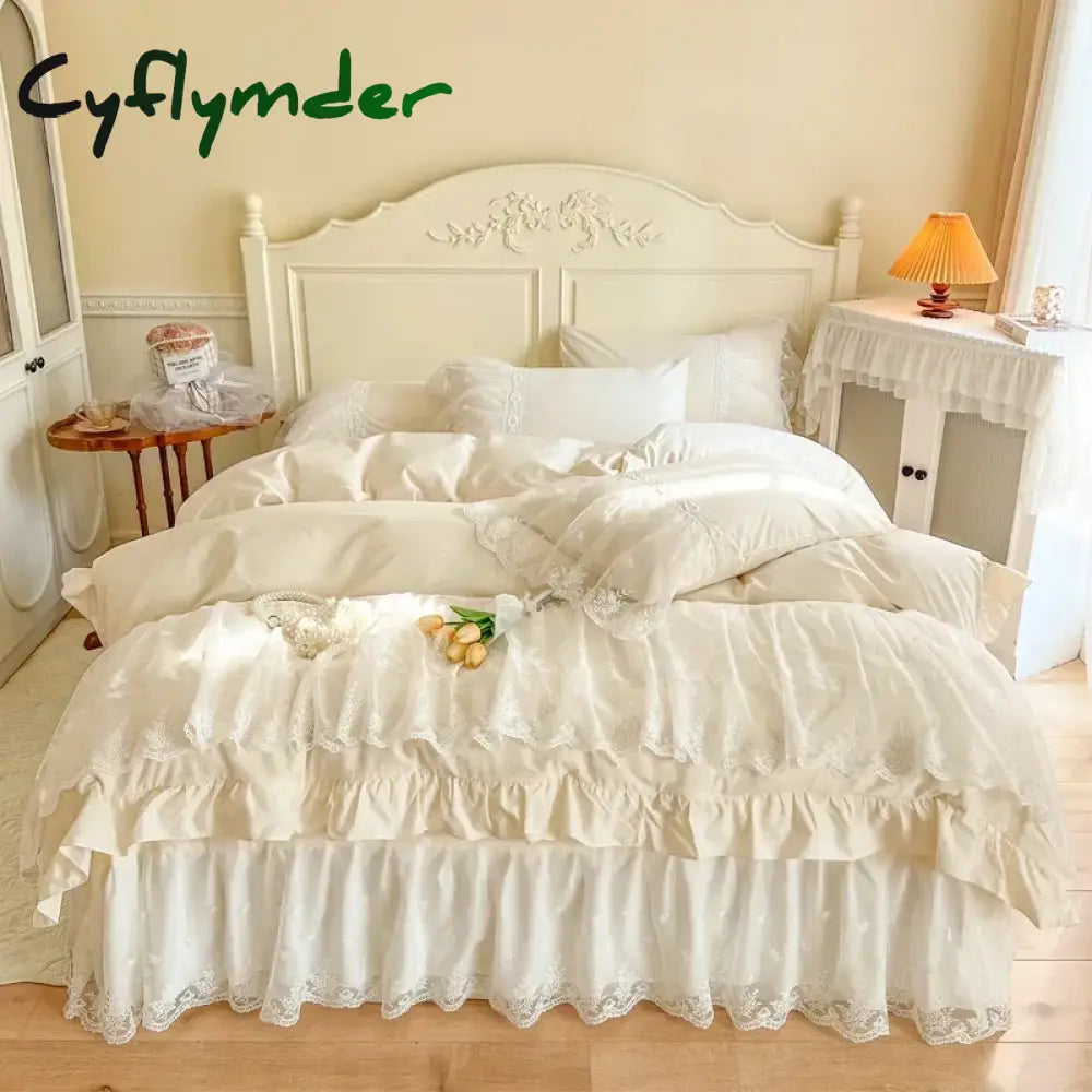Cyflymder 100% Cotton Romantic French Princess Wedding Bedding Set Lace Ruffles Duvet Cover Lace Bed Sheet Bed Skirt