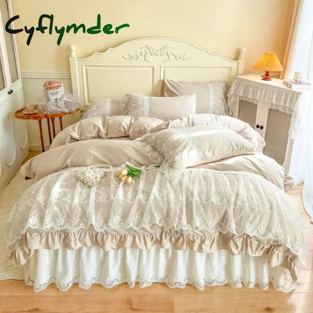 Cyflymder 100% Cotton Romantic French Princess Wedding Bedding Set Lace Ruffles Duvet Cover Lace Bed Sheet Bed Skirt