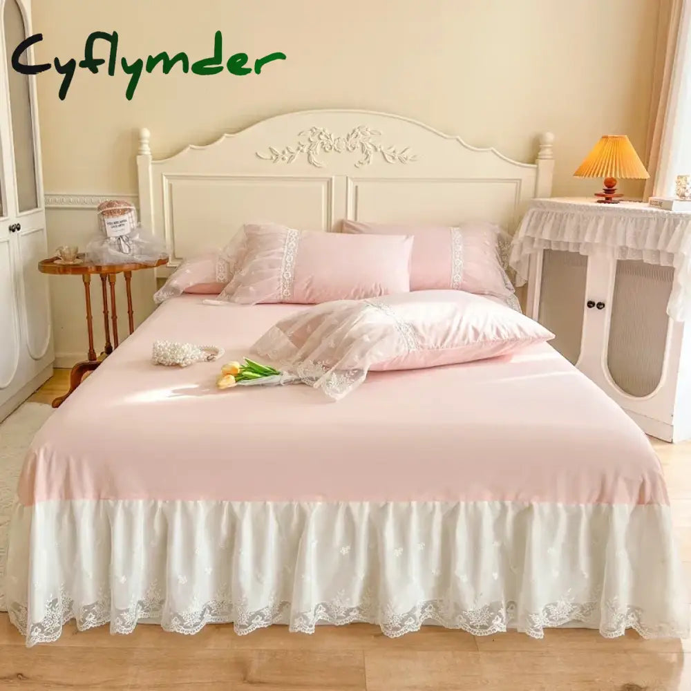 Cyflymder 100% Cotton Romantic French Princess Wedding Bedding Set Lace Ruffles Duvet Cover Lace Bed Sheet Bed Skirt