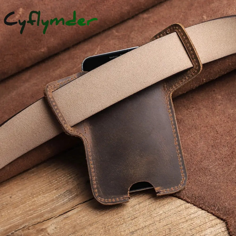 Cyflymder 100% Cow Leather Phone Case For Iphone 13 12 Men Crazy Horse Cellphone Loop Holster Belt